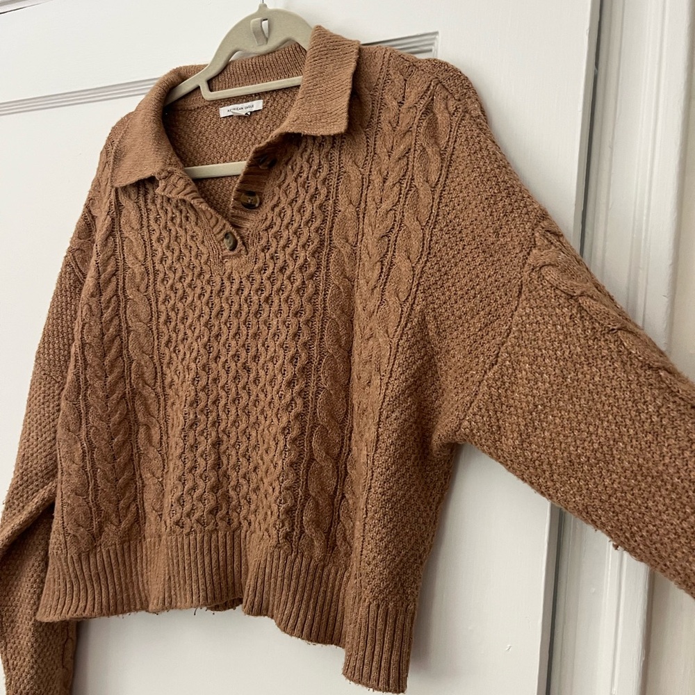 American Eagle Cropped Cable Knit Button Sweater … - image 4